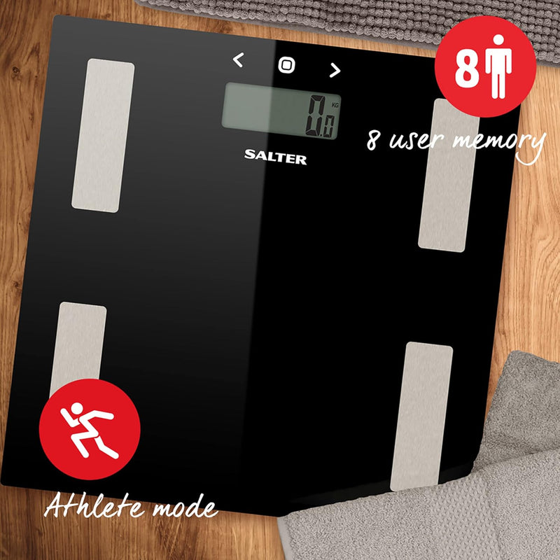 Salter 9150 BK3R Digitale Personenwaage - Körperanalyse, Körpergewichtswaage aus Glas, misst Gewicht