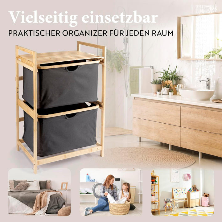 HENNEZ Badezimmerregal 2 Fächer | Bambusregal mit Ablage und 2 Körben | Badregal mit Schubladenboxen