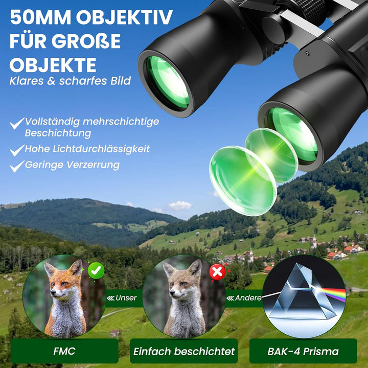 Fernglas 20x50 HD-Qualität | Leistungsstarkes Feldstecher inkl. Tasche, Linsenabdeckungen & Reinigun