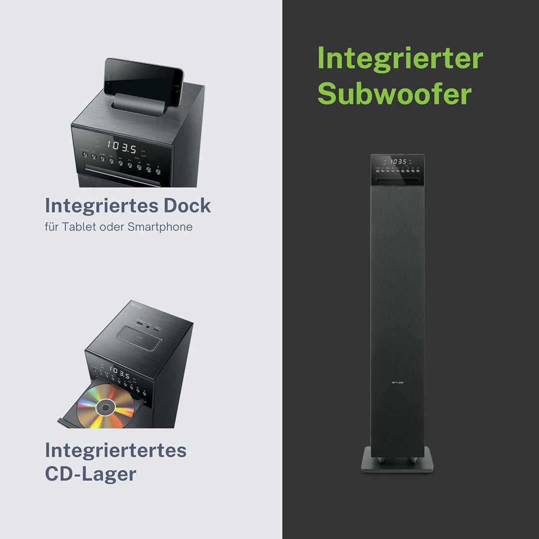 MUSE M-1350 BTC Bluetooth Lautsprecher Tower mit integriertem Subwoofer (CD/MP3-Player, FM PLL Radio
