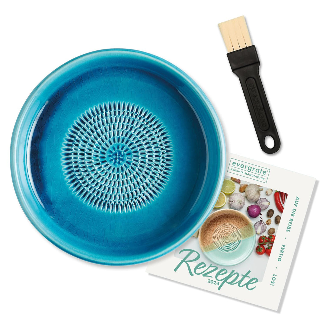 evergrate Keramikreibe Dipschale im Motiv Türkis mit Küchenpinsel und Rezeptheft, Türkis