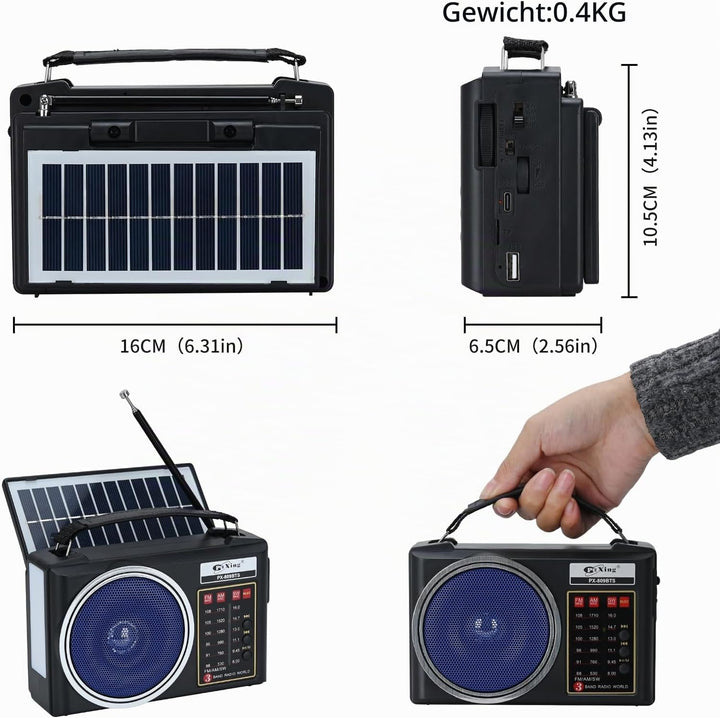 Tragbares Retro-Radio, kompaktes AM/FM/SW-Bluetooth-Radio mit Solarpanel, tragbare LED-Beleuchtung,