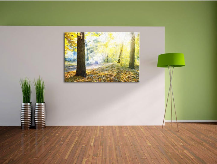 Pixxprint Sonnenstrahlen im Wald als Leinwandbild/Grösse: 100x70 / Wandbild/Kunstdruck/fertig bespan