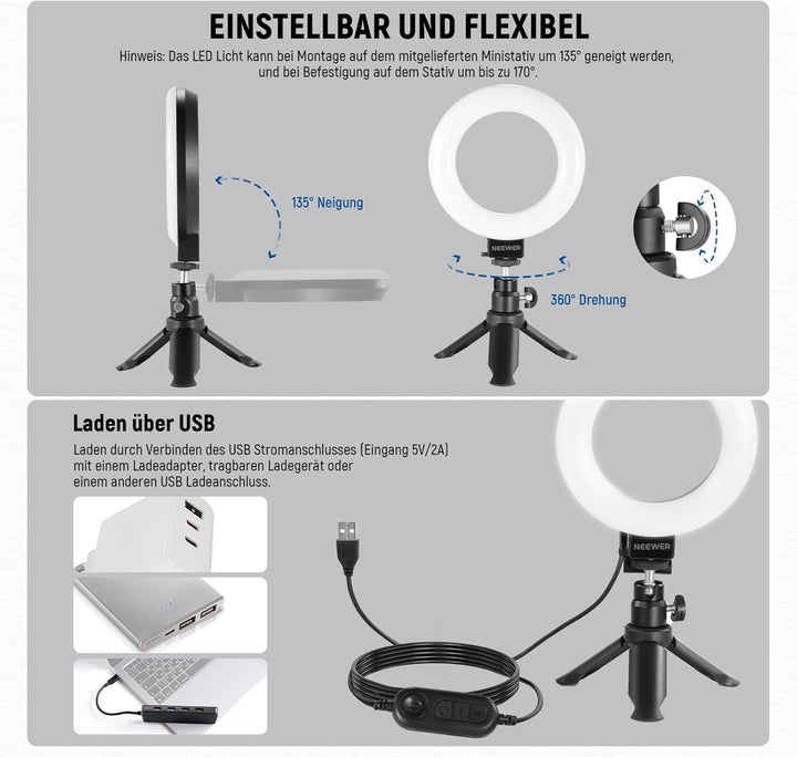 NEEWER Basics 5" Ringlicht mit Mini Stativ Ständer für Tisch Videokonferenz Licht, Clip on Streaming