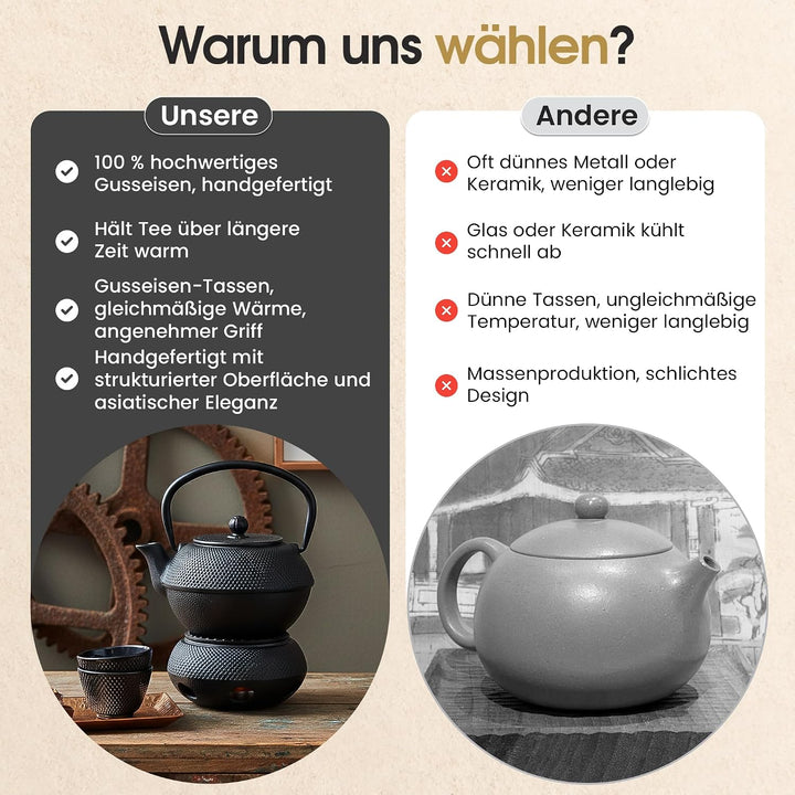 Dimono Traditionelles Tee-Set aus Gusseisen: Teekanne, Stövchen und 2 Teebecher Komplett-Set, Komple