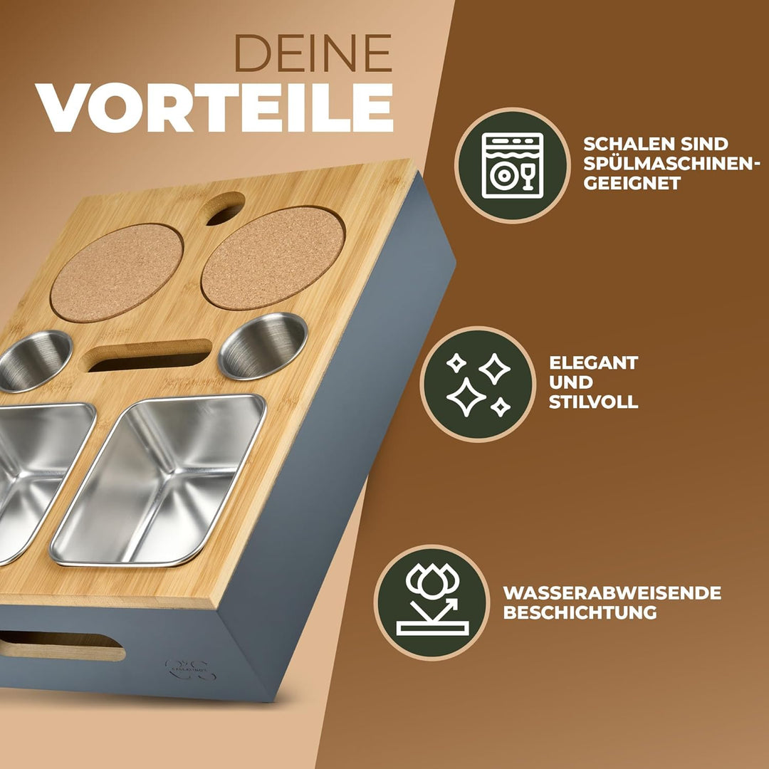 Cascalino's® Couchbar Snackbox mit 2+2 Snackschalen aus Edelstahl - Sofatablett aus Holz | Sofa Orga
