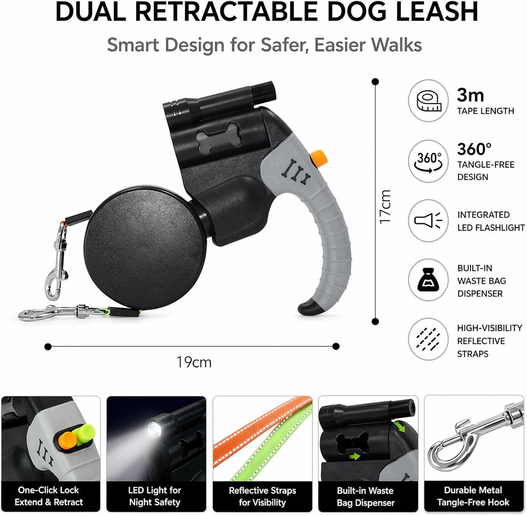 Gohytal Doppelleine 3 Meter für 2 Hunde, Ausziehbare Leine für Hunde mit LED-Licht, 360° Verhedderun