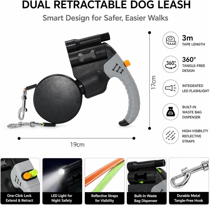 Gohytal Doppelleine 3 Meter für 2 Hunde, Ausziehbare Leine für Hunde mit LED-Licht, 360° Verhedderun