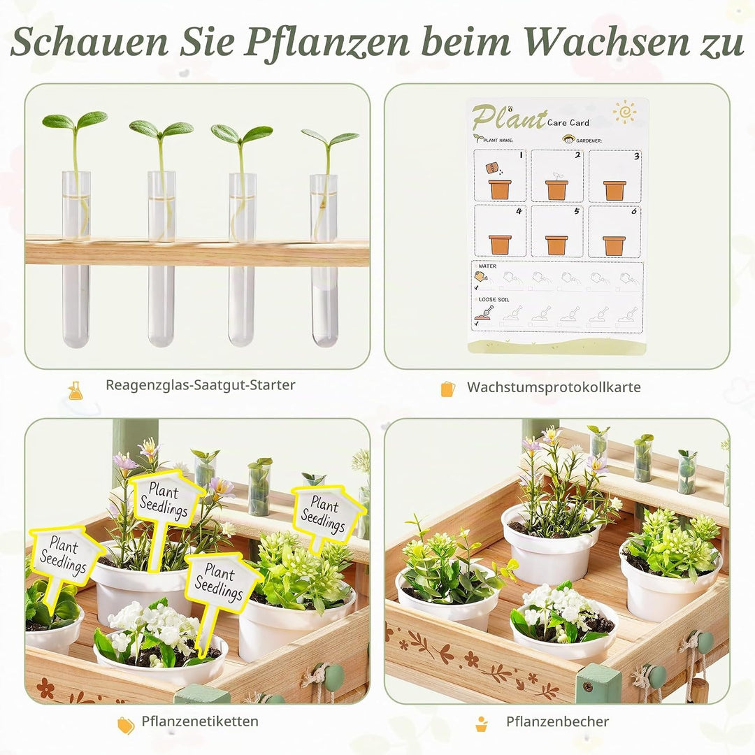 ROBUD Kinder Gartengeräte mit Holzwagen, Gartenwerkzeug mit Giesskanne, Schaufel, Handrechen, Pflanz