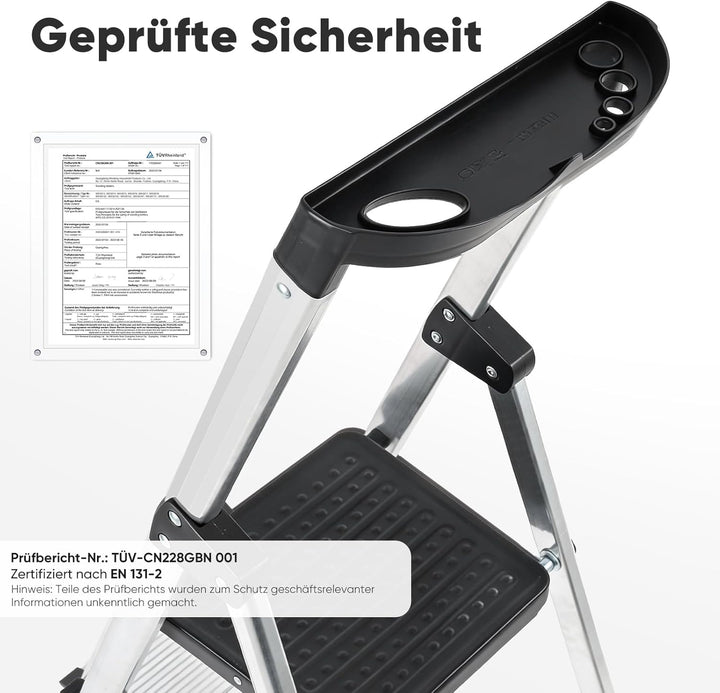 Sekey Klappbare Aluminium Trittleiter 5 Stufen (160 cm), Stabil & rutschfest, mit Werkzeugablage, bi