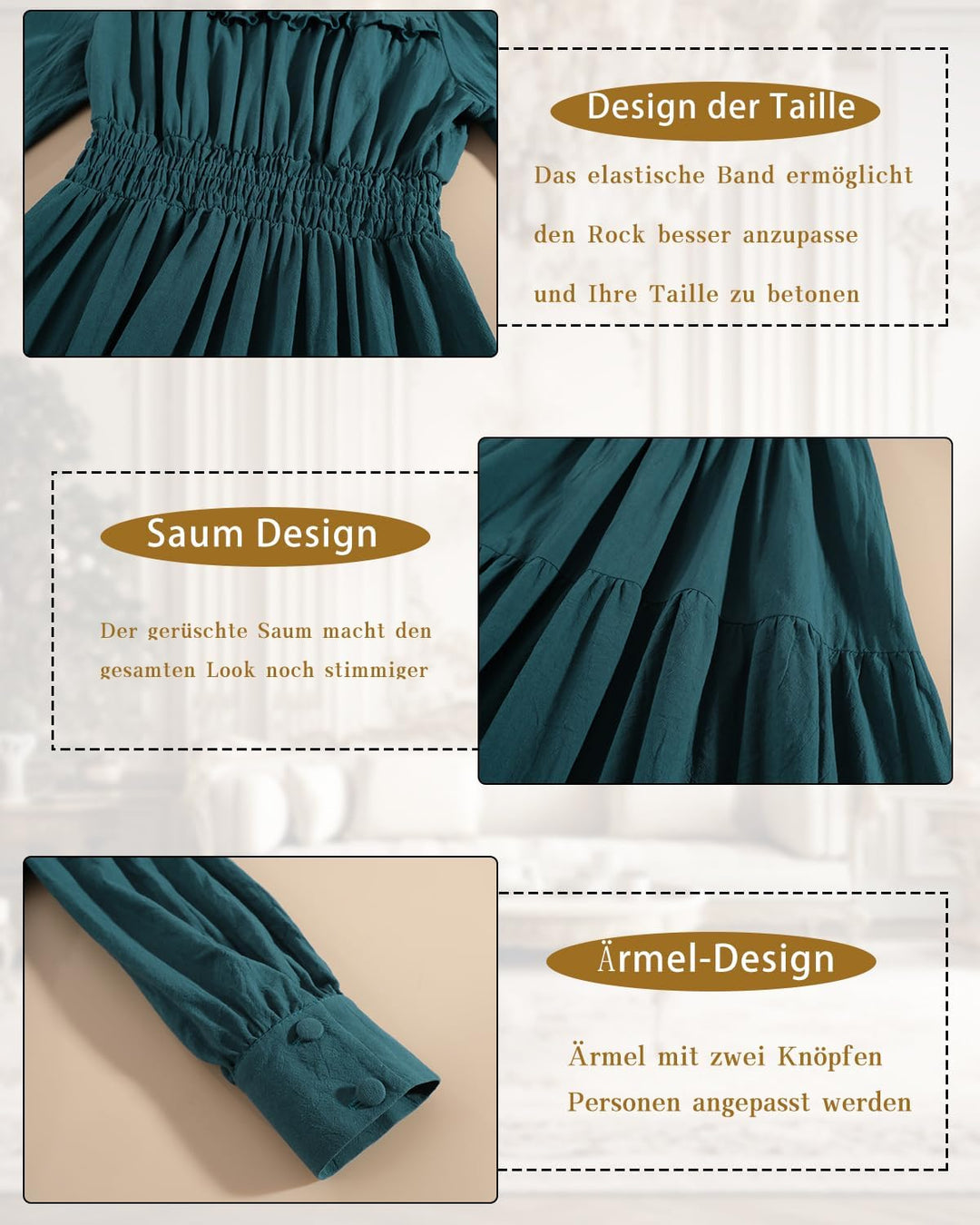 CR ROLECOS Mittelalter Kleidung Damen Viktorianisches Kleid Langarm A-Linie Vintage Edwardianisches