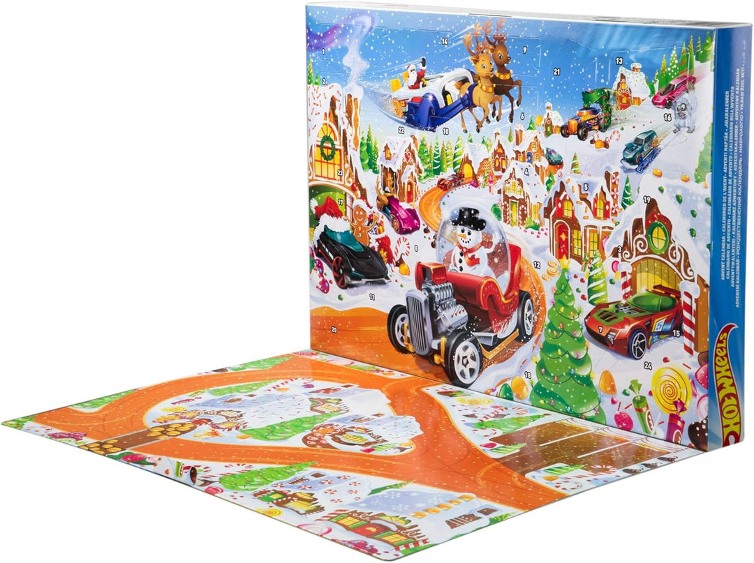 Hot Wheels Spielzeugautos und Spielset, Adventskalender 2025 mit 10 Fahrzeugen im Massstab 1:64, 10