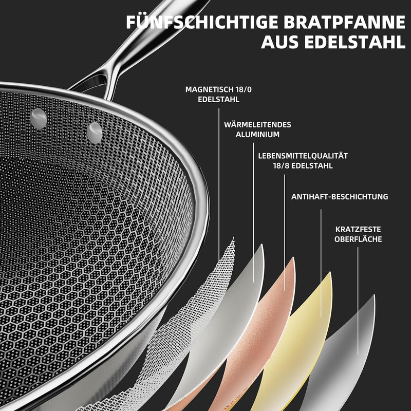 Kiseely Hybrid Wokpfanne mit Deckel 34 cm, Antihaft edelstahl Wokpfanne induktion, Bratpfanne mit An