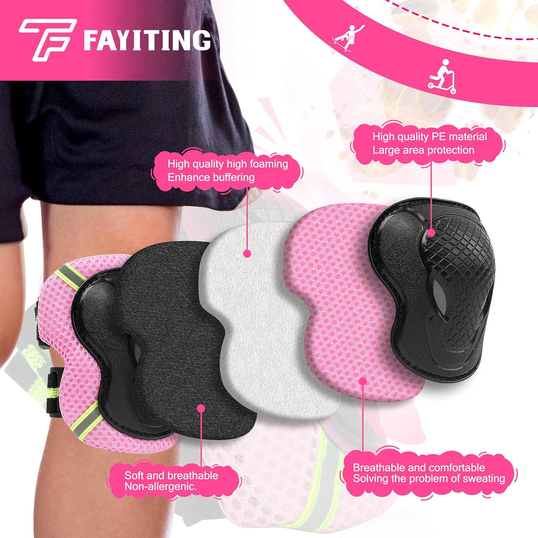FAYITING Kinder-Schutzausrüstung, 7-in-1-Helm-Set, Knie Handgelenk und Ellbogenschützer für Skateboa