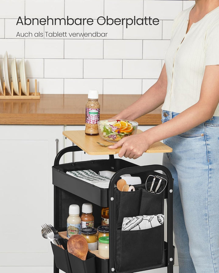 SONGMICS Rollwagen, Küchenwagen, 3 Metallgitterablagen, Servierwagen, 2 abnehmbare Hängebehälter, 2