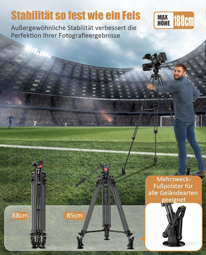CAMBOFOTO Videostativ mit 360° Flüssigkopf, 188cm Professionelles Aluminium Schwerlast Filmstativ fü