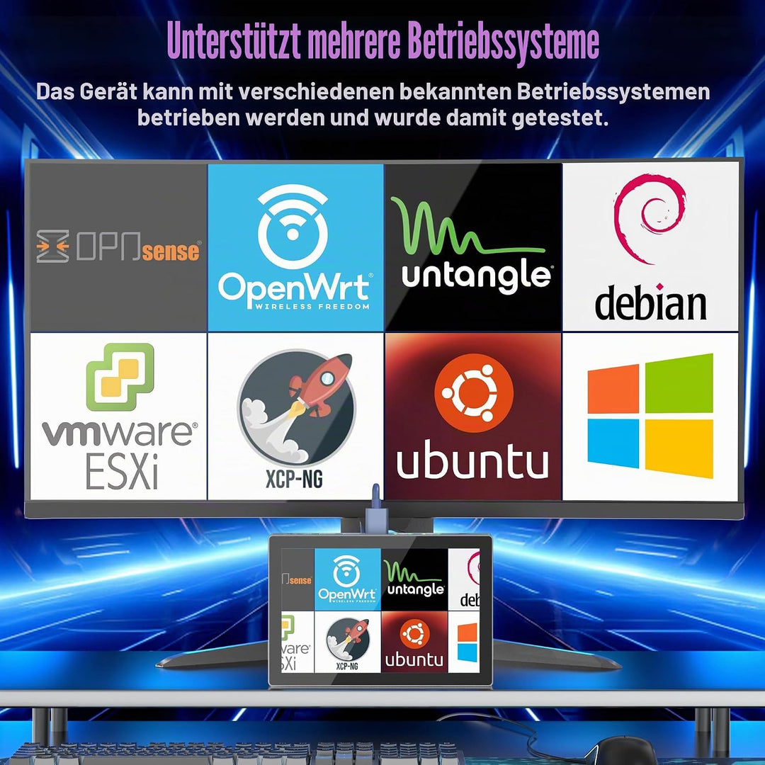 Mini PC Win 11 Pro, 12 Gen N100 (3,4 GHz), 7 Zoll Bildschirm 8GB RAM 128GB eMMC mit Akku, USB-C Mini