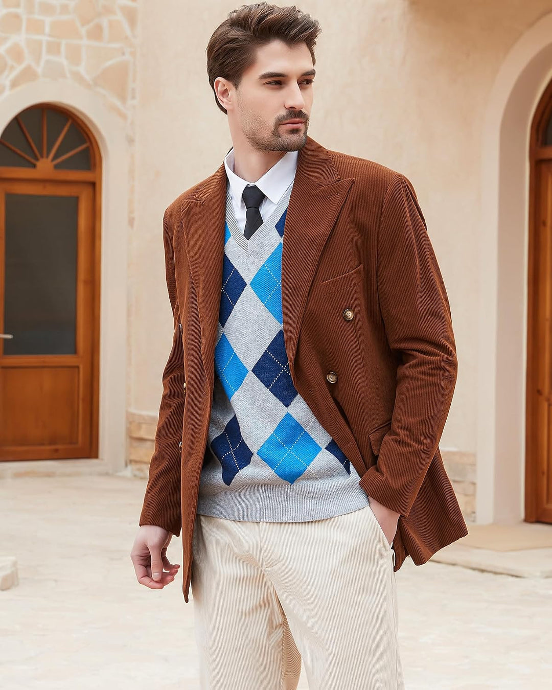 Kallspin Herren Argyle Gestrickt Ärmellos Pullover Wollmischung V-Ausschnitt Strickwesten L Hellgrau