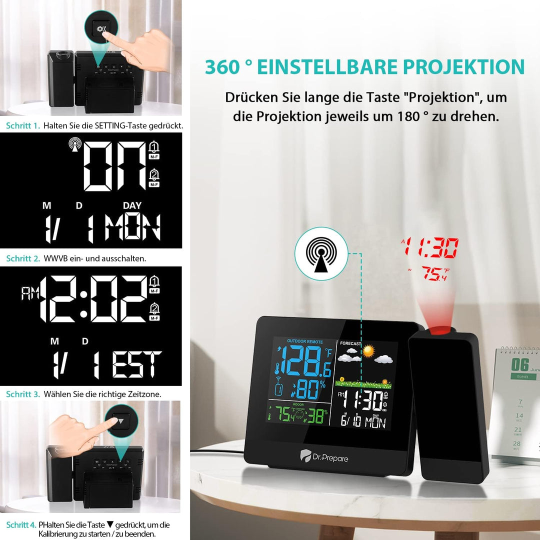 DR.PREPARE Projektionswecker Digitaler Wecker mit Projektion Wetterstation Wecker Projektionsuhr mit
