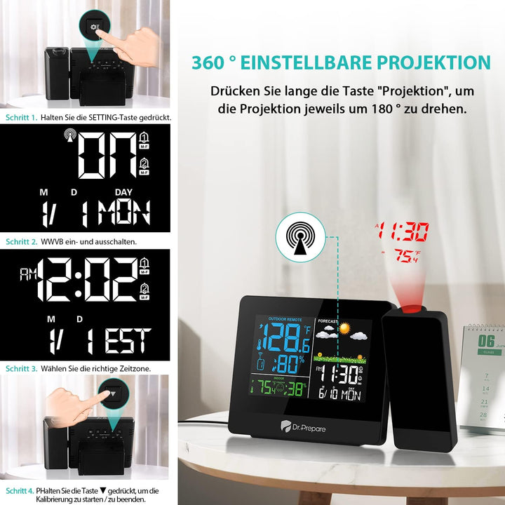 DR.PREPARE Projektionswecker Digitaler Wecker mit Projektion Wetterstation Wecker Projektionsuhr mit
