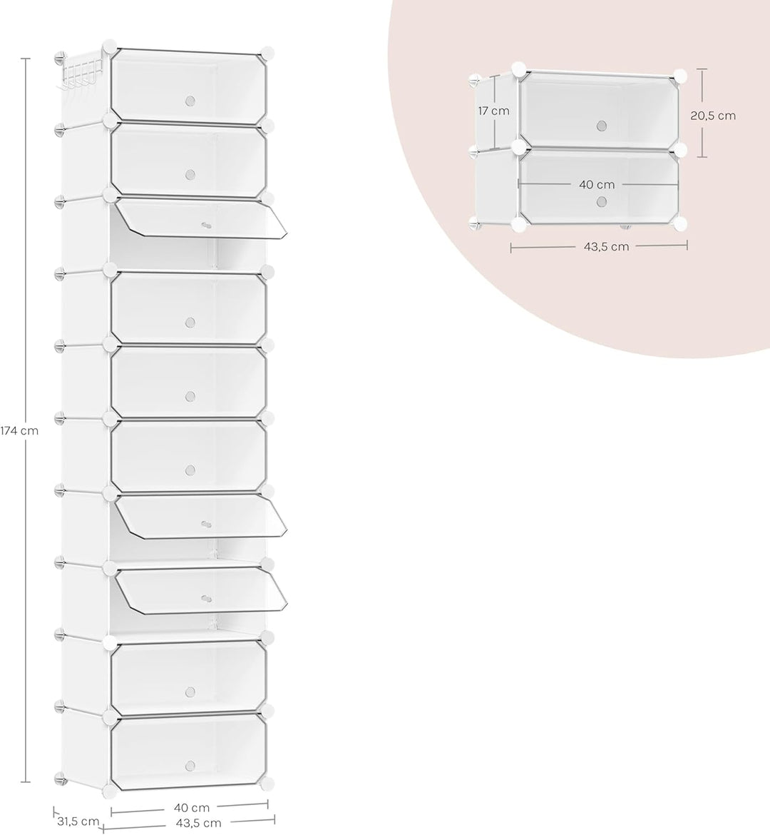 WOLTU Schuhbox, Schuhablage, Satz von 10, stapelbares Design, für 20 Paare, mit Tür, Haken, 43,5 x 1