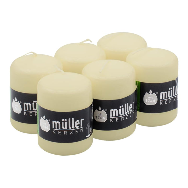 Müller Stumpenkerzen - Set mit 6 Säulenkerzen - Elfenbein - 57 x 81 mm - Brenndauer: 15 Stunden - Tr