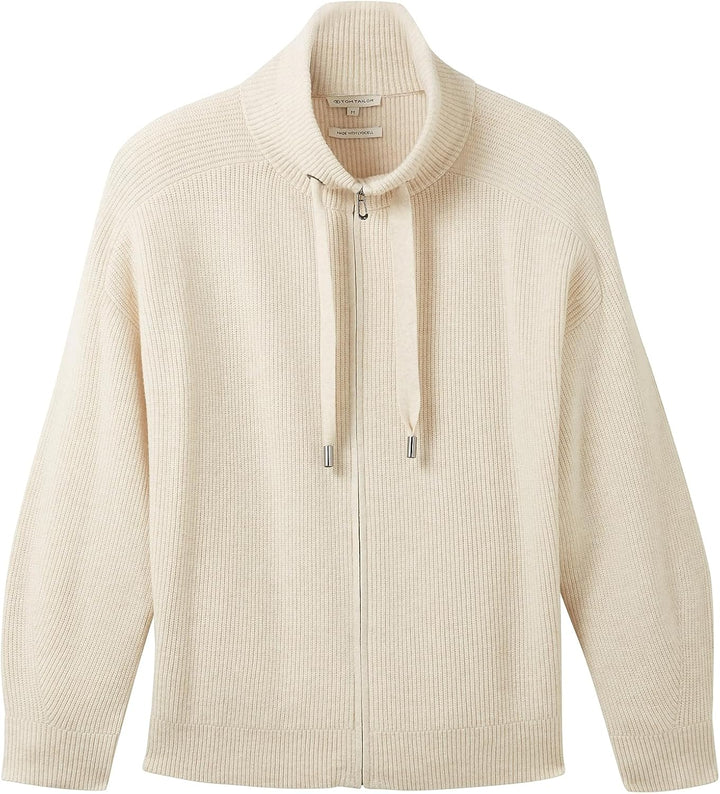 TOM TAILOR Damen Strickjacke mit Stehkragen L 10354 - Soft Beige Solid, L 10354 - Soft Beige Solid