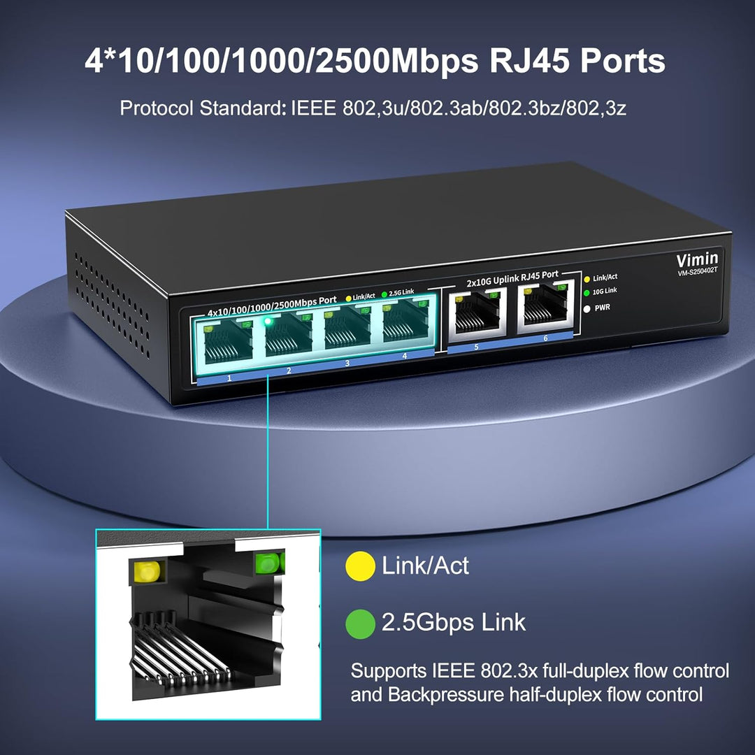 10Gb Unmanaged Switch mit 4*2.5G Base-T Ports, 2*10G RJ45 Ports,4 Port 2.5Gb Netzwerk Switch, 60 Gbi