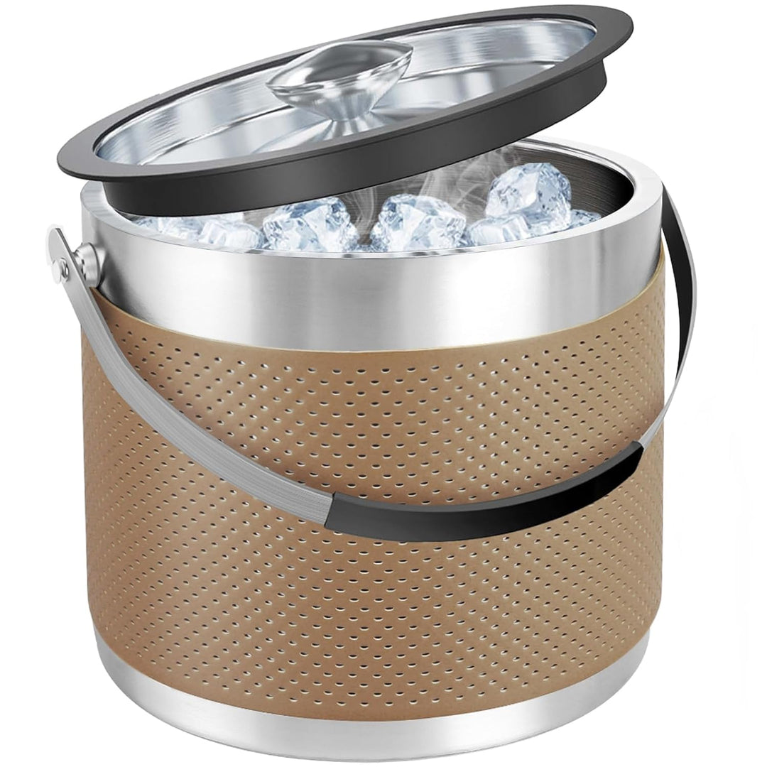 3.2L Eiswürfelbehälter mit Deckel und Schaufel, Upgrade Lederdesign Edelstahl Eiskübel, Doppelwandig