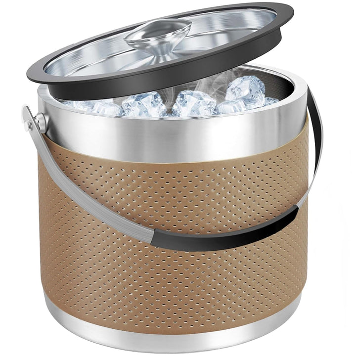 3.2L Eiswürfelbehälter mit Deckel und Schaufel, Upgrade Lederdesign Edelstahl Eiskübel, Doppelwandig