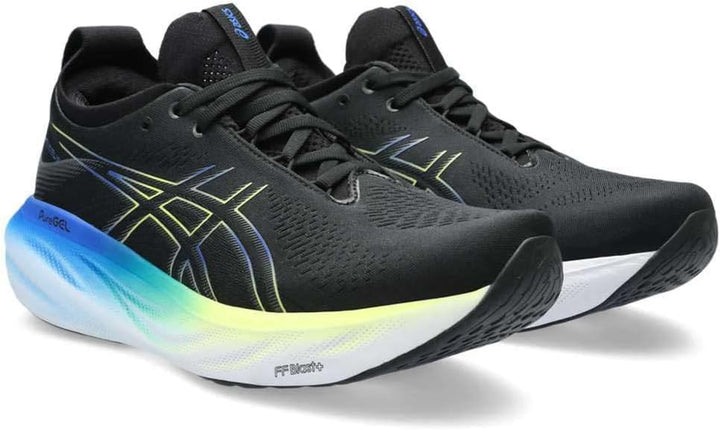 ASICS Nimbus 25 Strassenlaufschuhe für Männer Schwarz Silber 46 EU Black Glow Yellow, 46 EU Black Gl