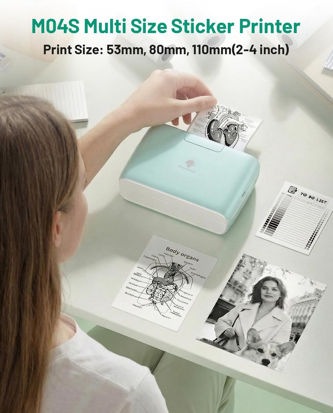 Phomemo M04S 300 DPI Mini Handy Sticker Thermodrucker – Tragbarer Bluetooth Drucker, 53/80/110 mm Dr