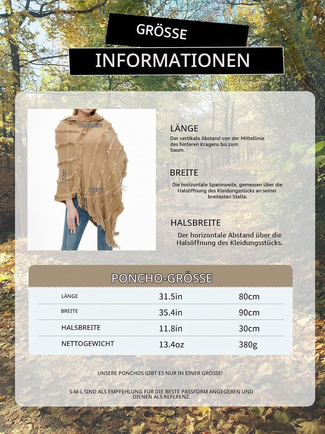 Ferand Poncho Damen mit Kapuze, Warmer Winterponcho, Gestreifte Cape Umhang mit Fransen Elegant, Gra