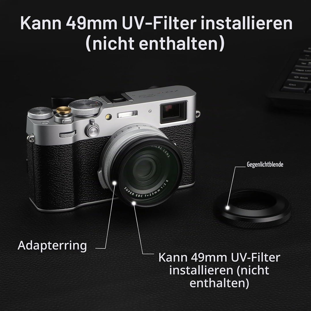 Haoge LH-X51B 2in1 Ultradünne Metall Gegenlichtblende Sonnenblende mit 49mm Adapterring für Fujifilm