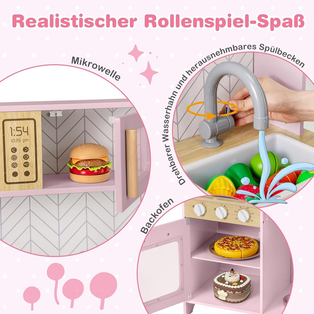 COSTWAY Kinderküche mit Zubehör, Spielküche Holz mit Mikrowelle Herd Spüle Ofen, Kinder Küche mit Li
