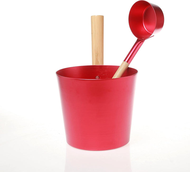 SULENO - Sauna Set ANEA Aufgusskübel 5 Liter Schöpfkelle Saunakübel Kübel Kelle (rot metallic)
