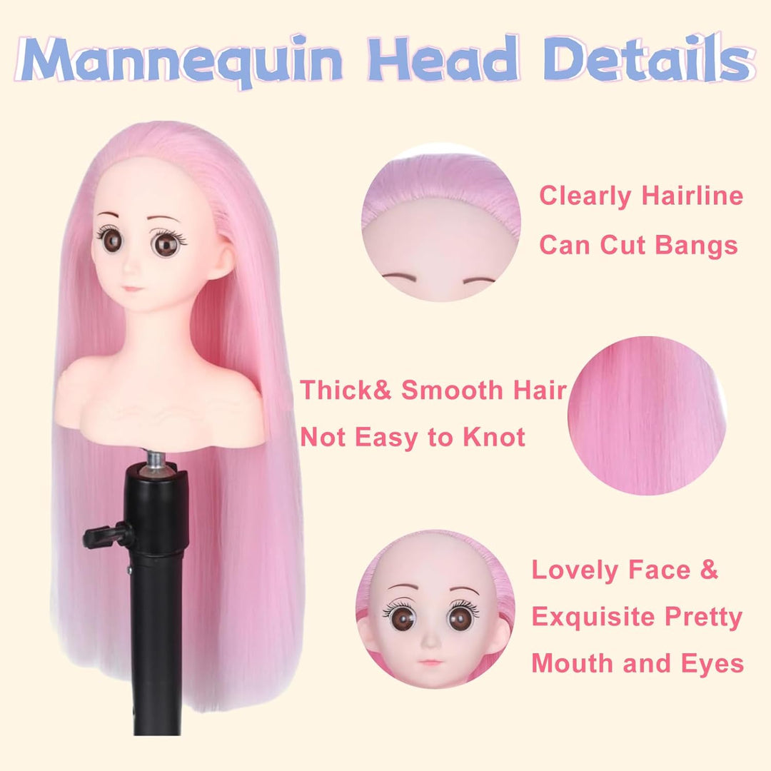 Mannequin-Kopf für Kinder mit synthetischem glattem Haar, Puppenkopf zum Üben von Flechten (Rosa)