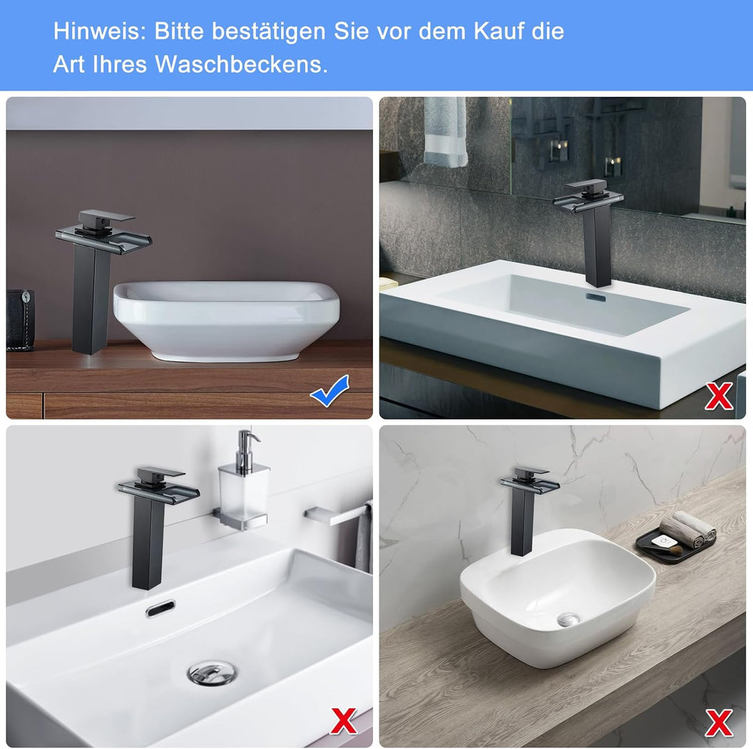 LED Schwarz Wasserfall Wasserhahn, RGB 3 Farbewechsel Waschtischarmatur Einhebelmischer mit Temperat