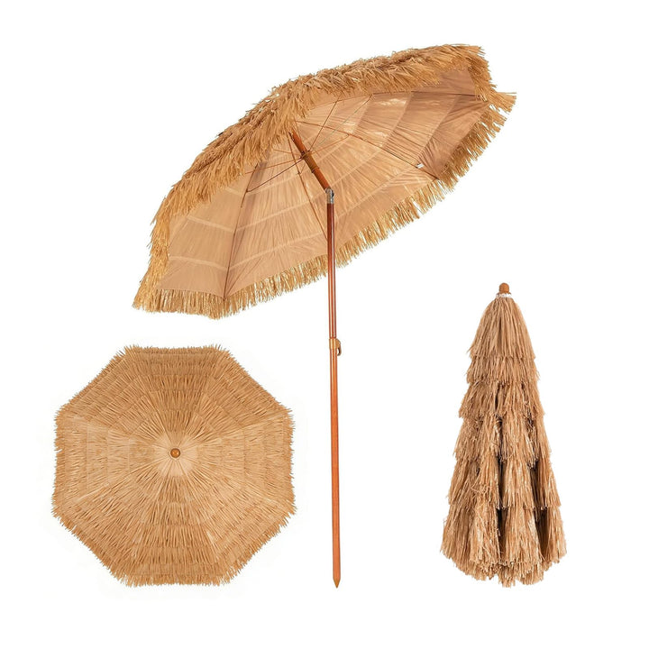 GOPLUS Sonnenschirm Hawaii, Ø 175 cm Sonnenschirm Stroh um 30° knickbar, Strandschirm mit PP-Stroh &amp;