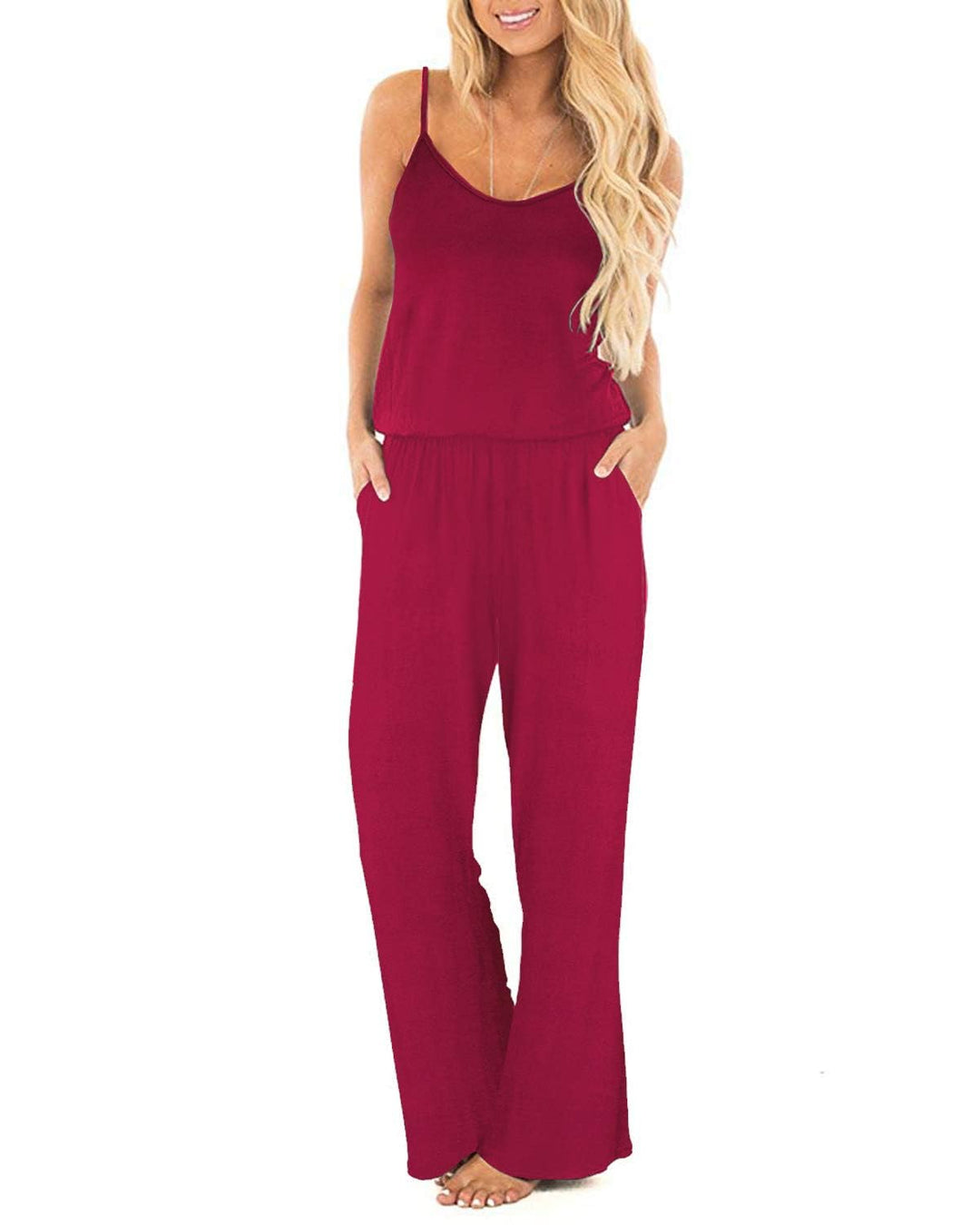 OUGES Damen Sommer Ärmellos Jumpsuit Overall Lang Hosenanzug Casual Playsuit Romper mit Taschen M We