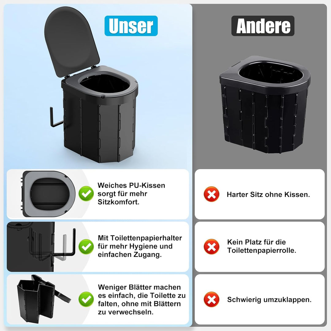 WADEO Tragbare Campingtoilette mit EVA-Komfortsitz, Faltbare Toilette Klapptoilette belastbar bis zu