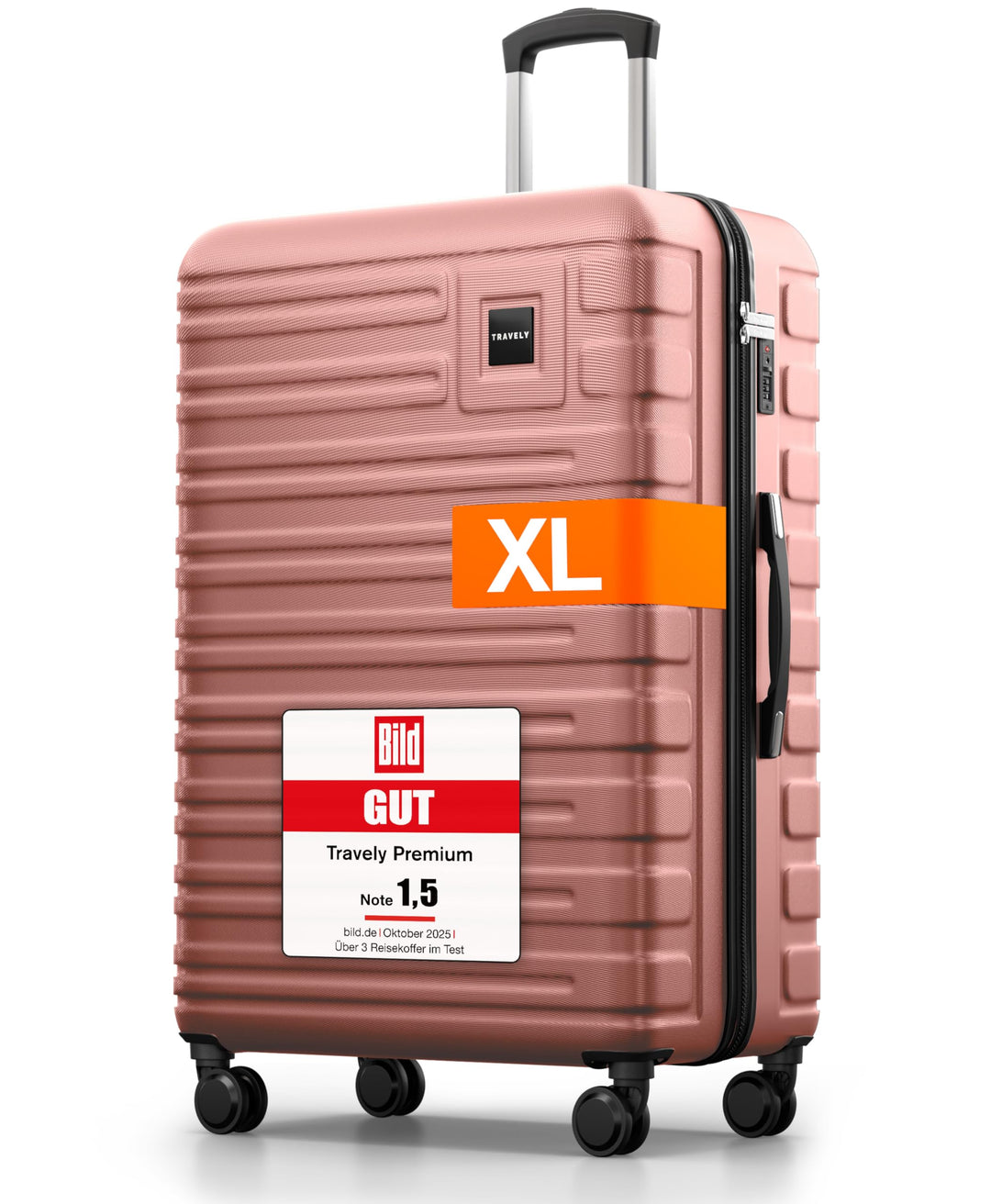 Travely Polycarbonat Koffer Gross 77cm XL - 100L Innenvolumen - 158cm Gurtmass, sehr robuster Hartsc