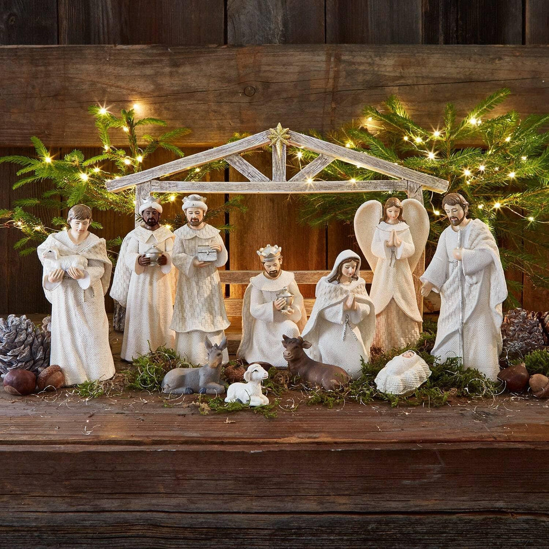 LOBERON® Krippenfiguren 12er Set Santo, Weihnachtsdeko, Polyresin, H/B/T ca. 25/38 / 5 cm, Creme, Cr