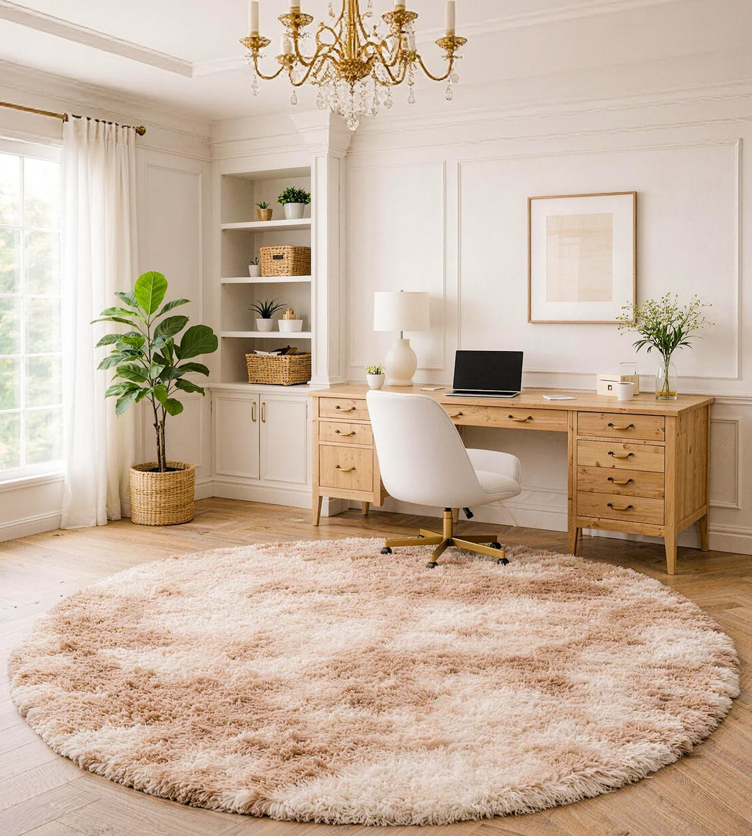 Teppich Wohnzimmer Khaki Ø 120 cm Flauschig Weich | Hochflor-Teppich, waschbar, rutschfest, weich. P