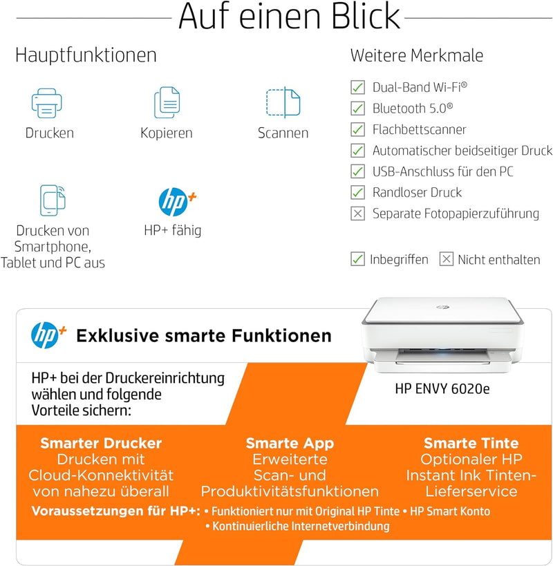 HP ENVY 6020e Multifunktionsdrucker, 6 Monate gratis drucken mit HP Instant Ink inklusive, HP+, Druc