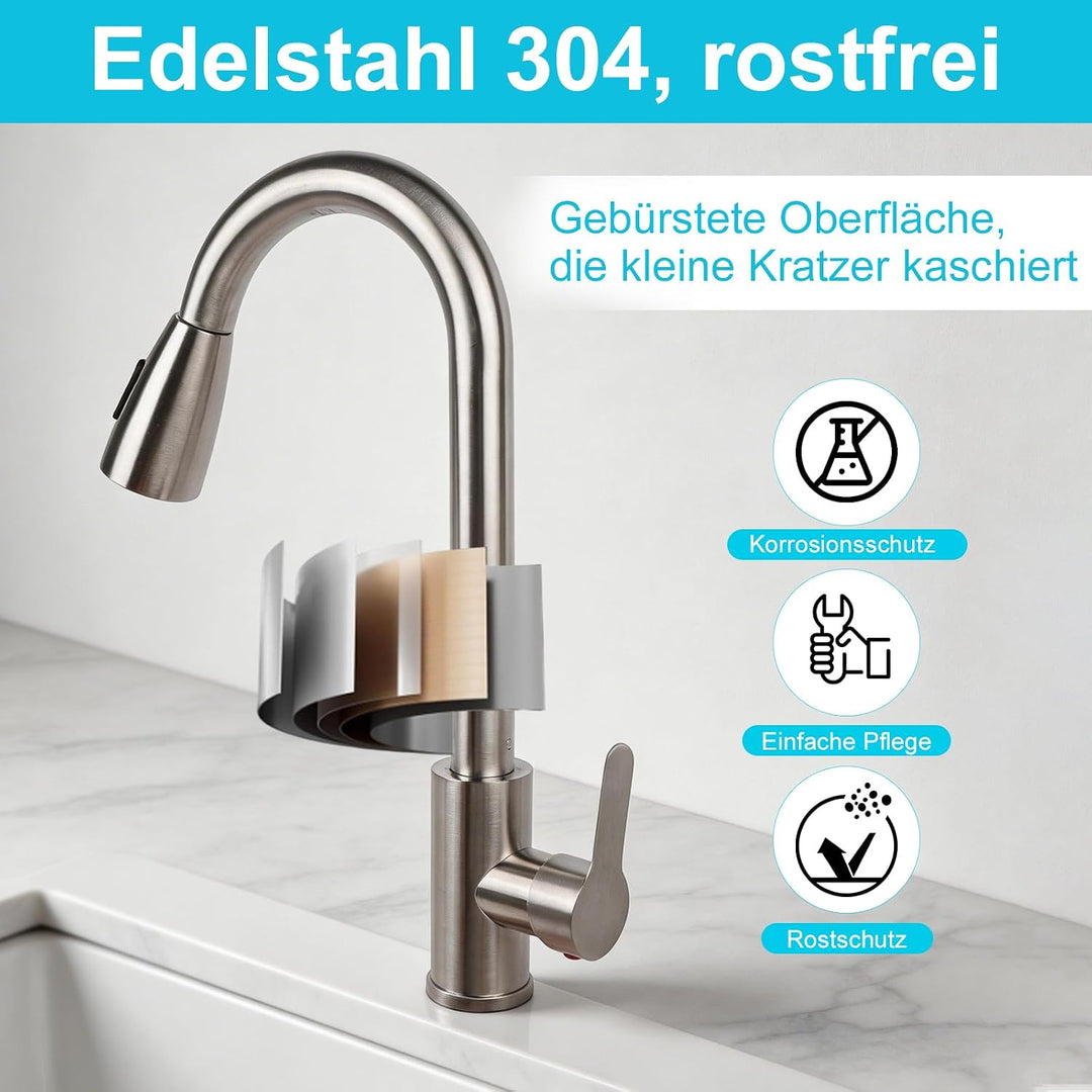 Wasserhahn Küche, Hochdruck Küchenarmatur mit Herausziehbarer Brause, Armatur Wasserhahn Spüle Küche