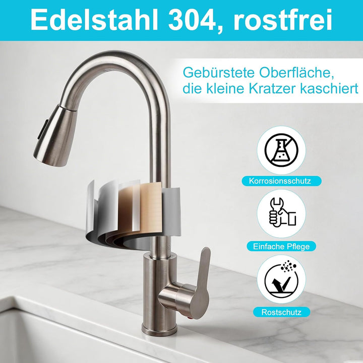 Wasserhahn Küche, Hochdruck Küchenarmatur mit Herausziehbarer Brause, Armatur Wasserhahn Spüle Küche
