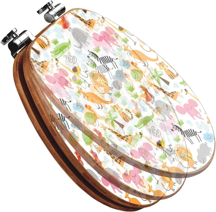 banjado® Design WC Sitz Bambus Absenkautomatik mit Motiv Fröhliche Tiere/Toilettendeckel mit Absenka