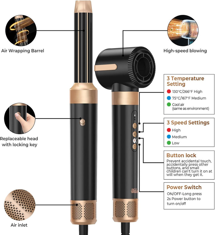 UKLISS Airstyler Pro 7 in 1,1400w Ionen Föhn mit Diffusor, 110000 U/Min Professioneller Hairstyler W