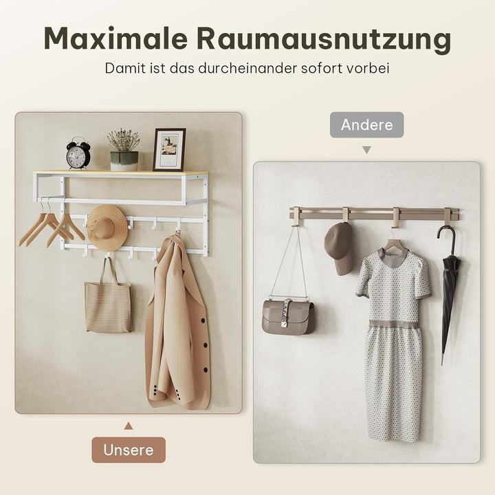 eSituro Wandgarderobe mit Ablage, Kleiderständer Wand mit Kleiderstange 10 Haken, Garderobe Wandmont